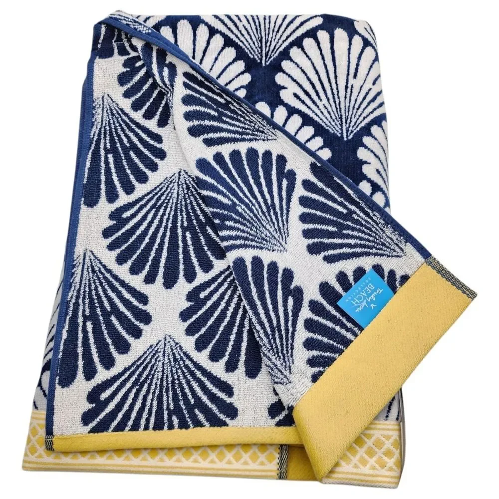 Truly Lou Beach Towel Shannon Shell Blue White Cotton 36x68 Pool Spa Absorbent